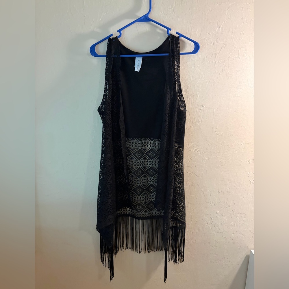 Fringe Lace Overlay Vest - Black